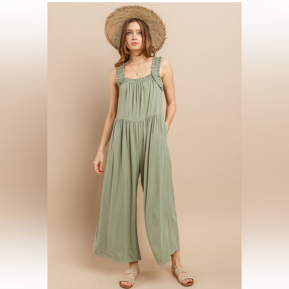 18 Solid Ruffle Strap Wide Leg Jumpsuit - Picture 4 of 9